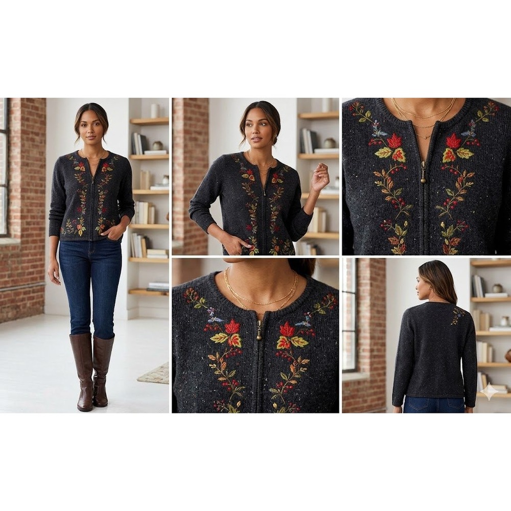 Croft & Barrow Womens L 90s Embroidered Zip Front Cardigan Silk Blend Heavy Fall